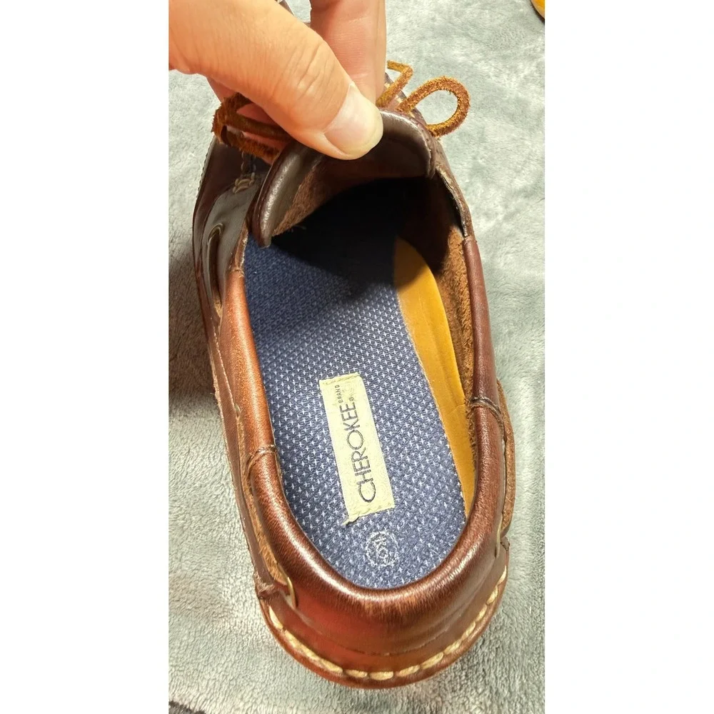 Cherokee Boat Shoes Mens 9 Brown Leather Moc Toe Lace Up Deck